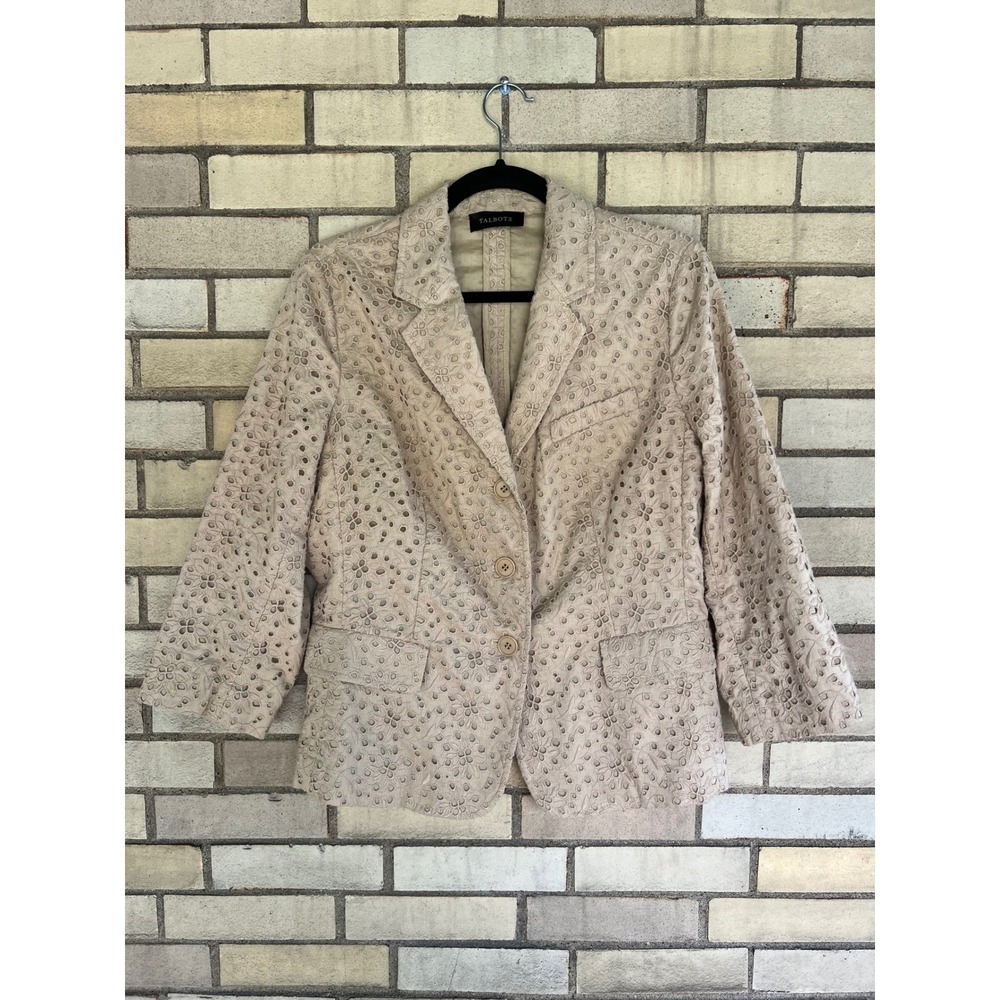 Talbots Tan Cotton Eyelet Three Button Blazer Jacket Size 14 Large NWOT
